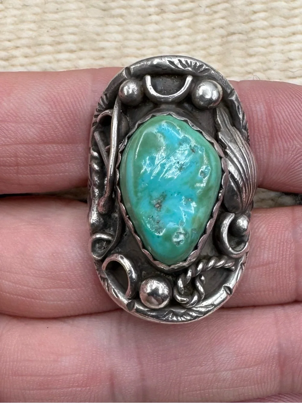 Vintage F.T. Signed Navajo Native American Sterling Silver Turquoise Ring 9